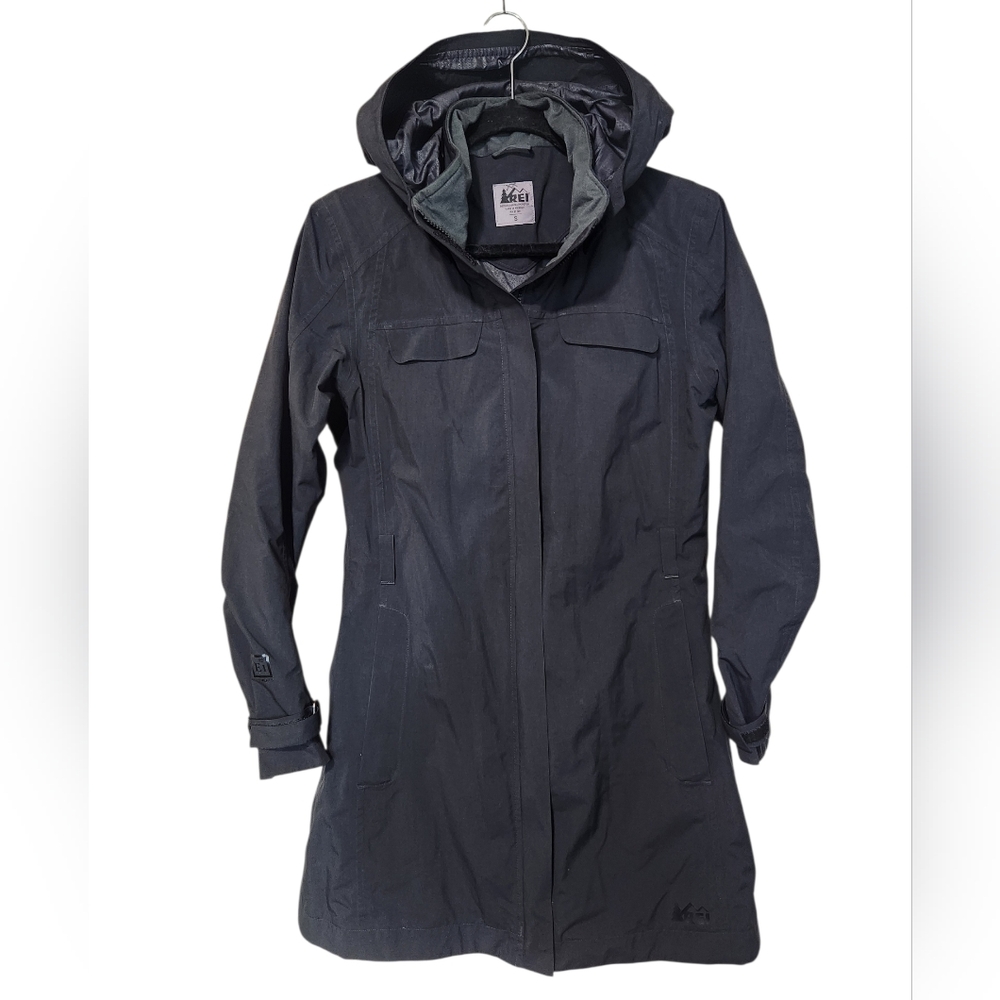 REI Elements La Selva Rain Trench Coat Hooded Black Size Small